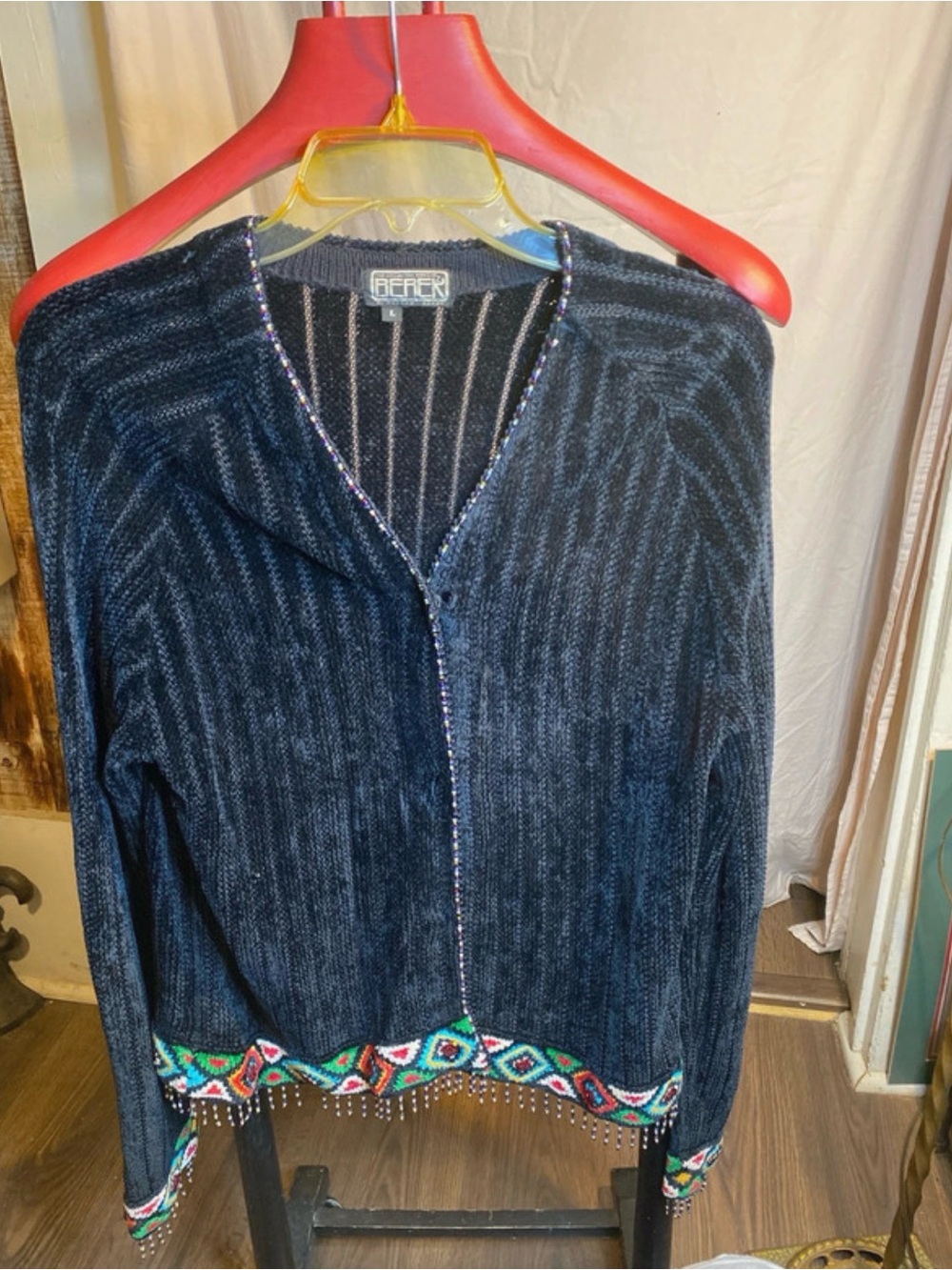 Vintage Berek Beaded Trim Navy Hooded Sweater with Multicolor Hem Sz Large